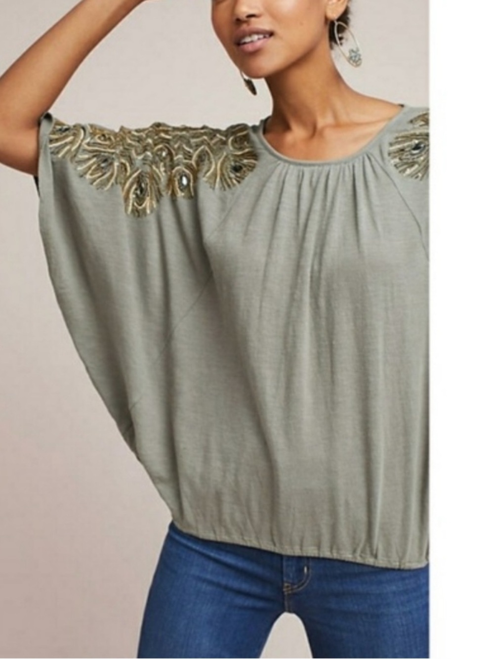 Anthropologie Embellished Olive Green Flutter-Sleeve Top - Picture 2 of 8